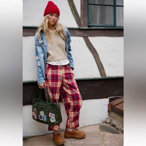 NWT Free People Nice Choice Pull-On Trousers-Wine Combo Lantern Plaid